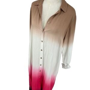 Ombre Shirt Dress Tan Pink Button Front Maxi Gradient Minimalist Chic Art Deco S